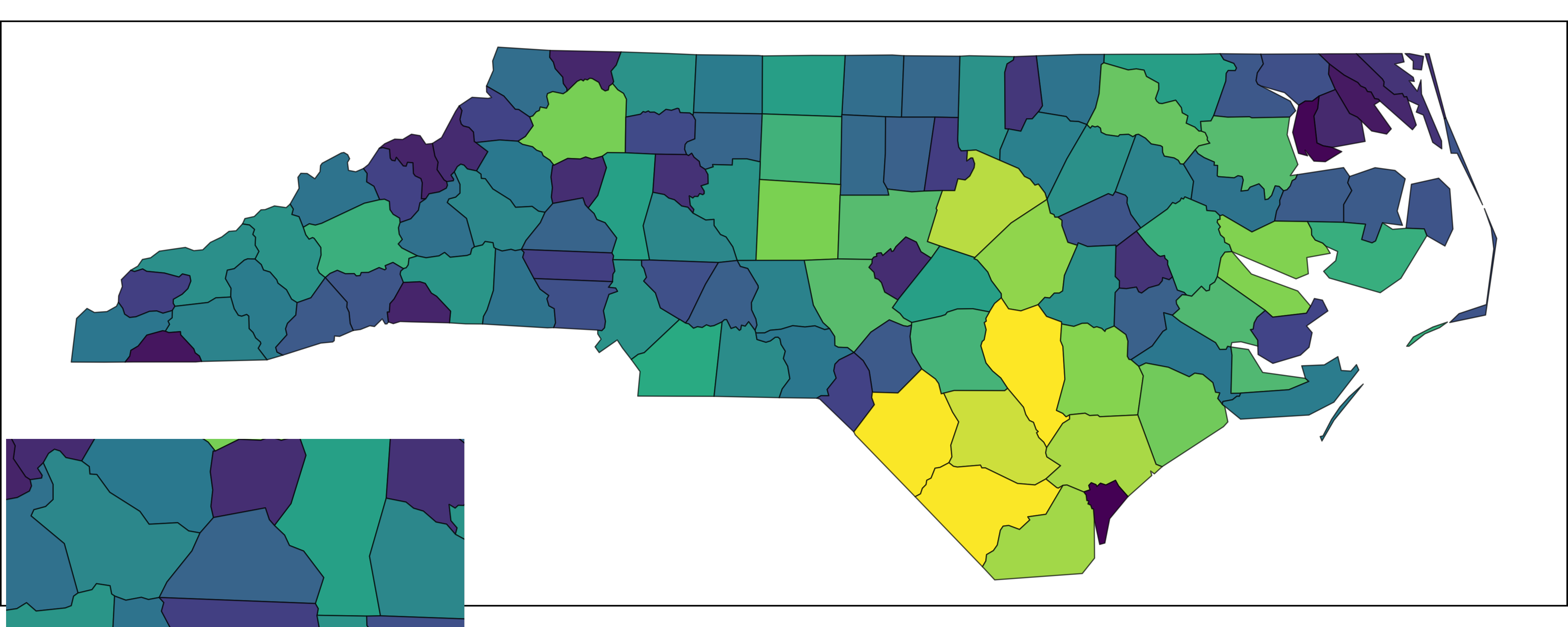 North Carolina map with an inset positioned at bottom-left using cowplot with 30% width and height, showing some distortion.