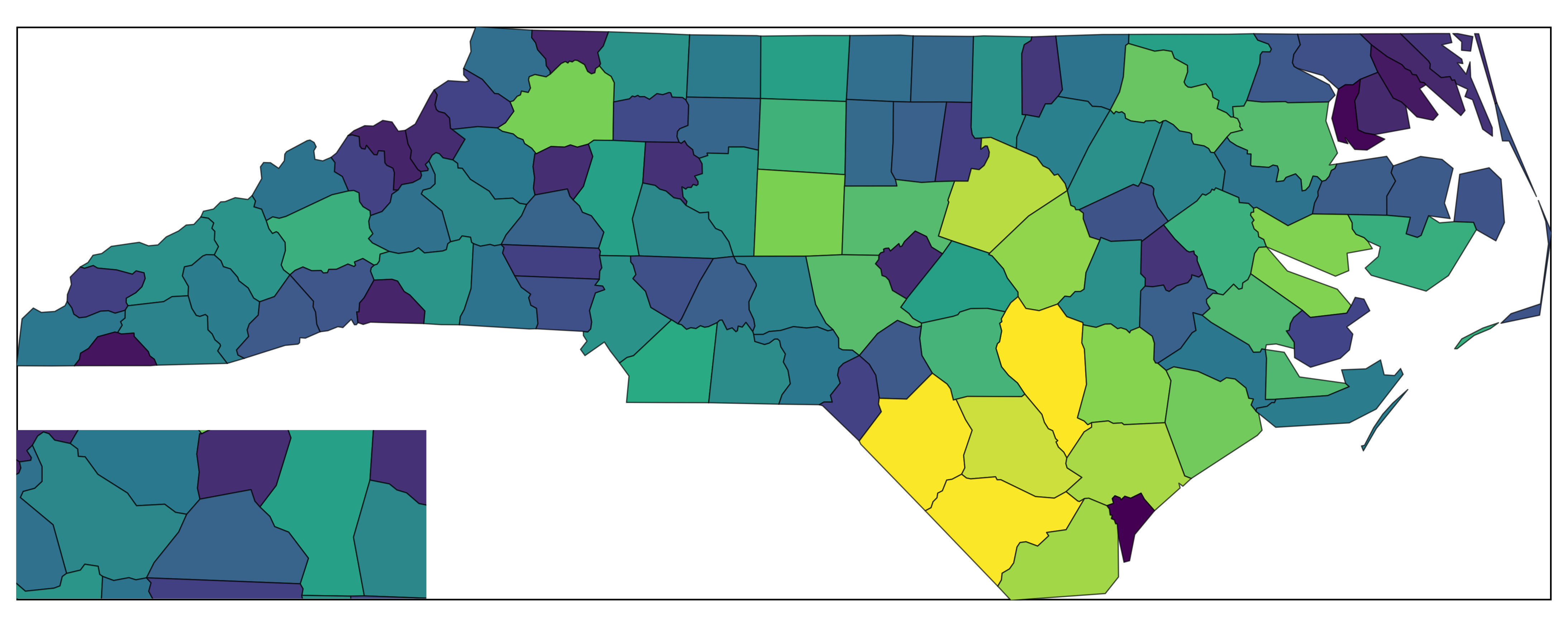 North Carolina map with an inset positioned at bottom-left using insetplot, showing correct aspect ratio preservation without distortion.
