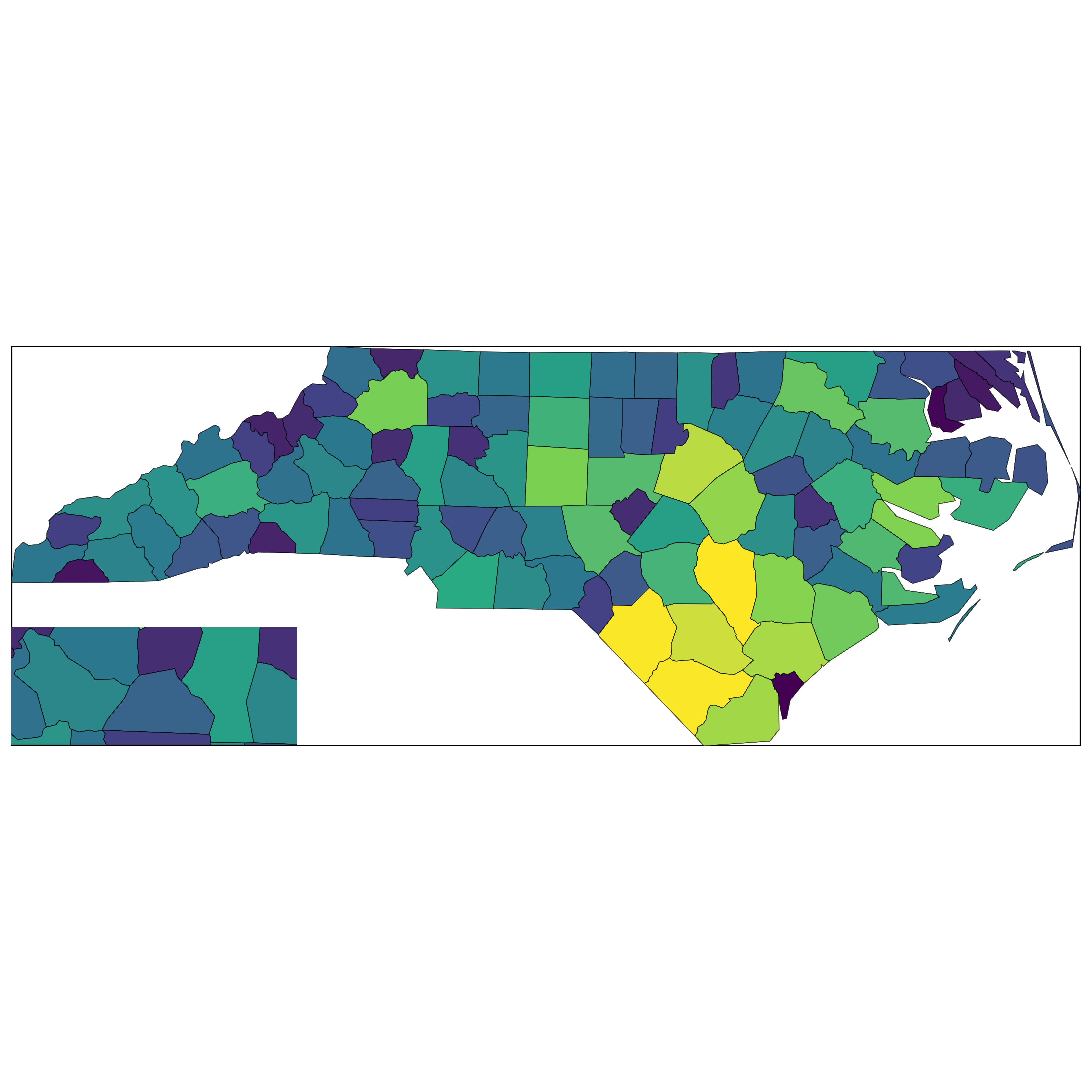 North Carolina map with an inset using insetplot with square aspect ratio (1:1), demonstrating that insetplot still maintains correct spatial aspect despite the output canvas ratio mismatch.