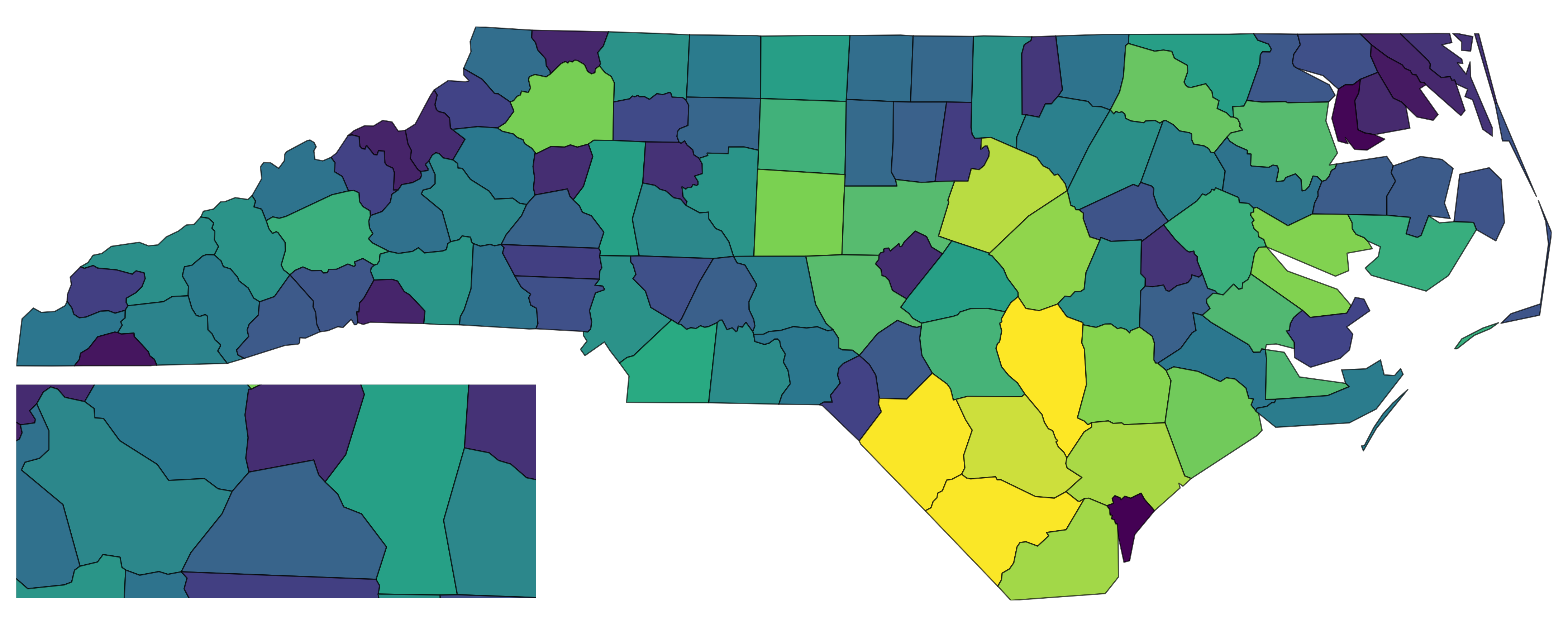 North Carolina map with an inset showing a zoomed detail region at the bottom-left corner.